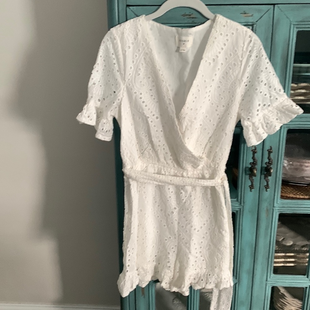 Short White Battenberg Lace Romper, Wrap-Front, Tie Waist, Ruffle Sleeves & Hem